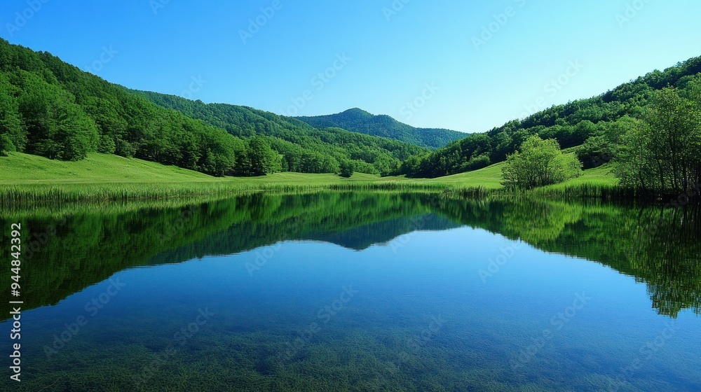 Tranquil Lake Reflecting Lush Green Mountains Under a Clear Blue Sky Tranquil Lake Reflecting Lush Green Mountains Under a Clear Blue Sky