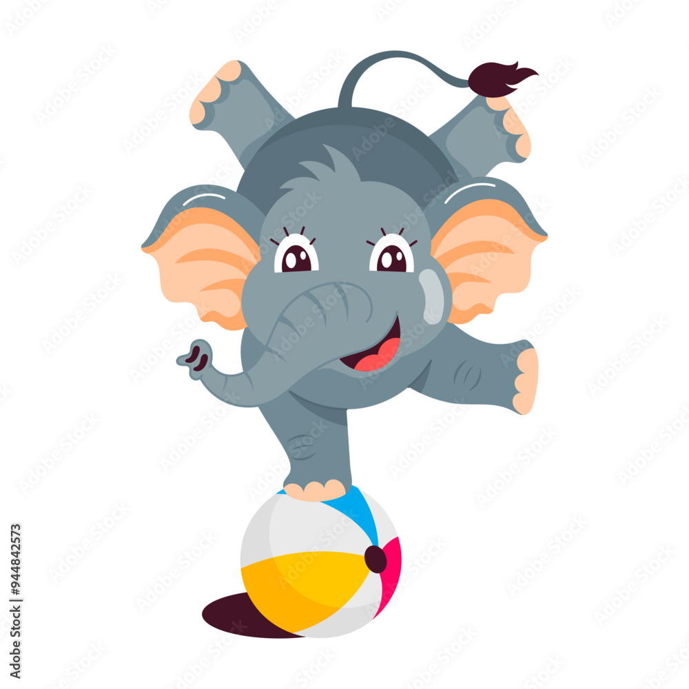 Fototapeta premium Circus elephant performing with ball, flat sticker