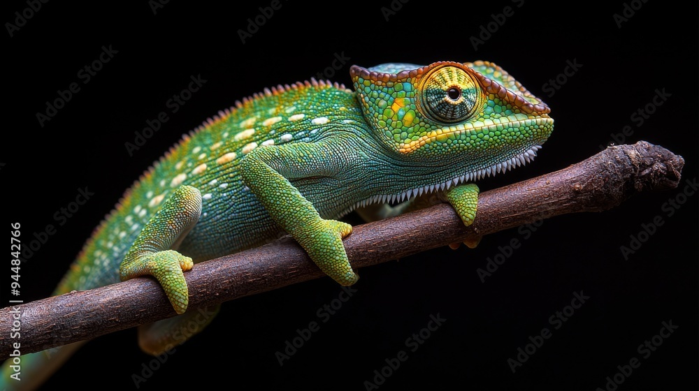 Obraz premium A green chameleon clings to the branch of an exotic tree, its long legs wrapped securely around the branch for balance, set against a stark black background