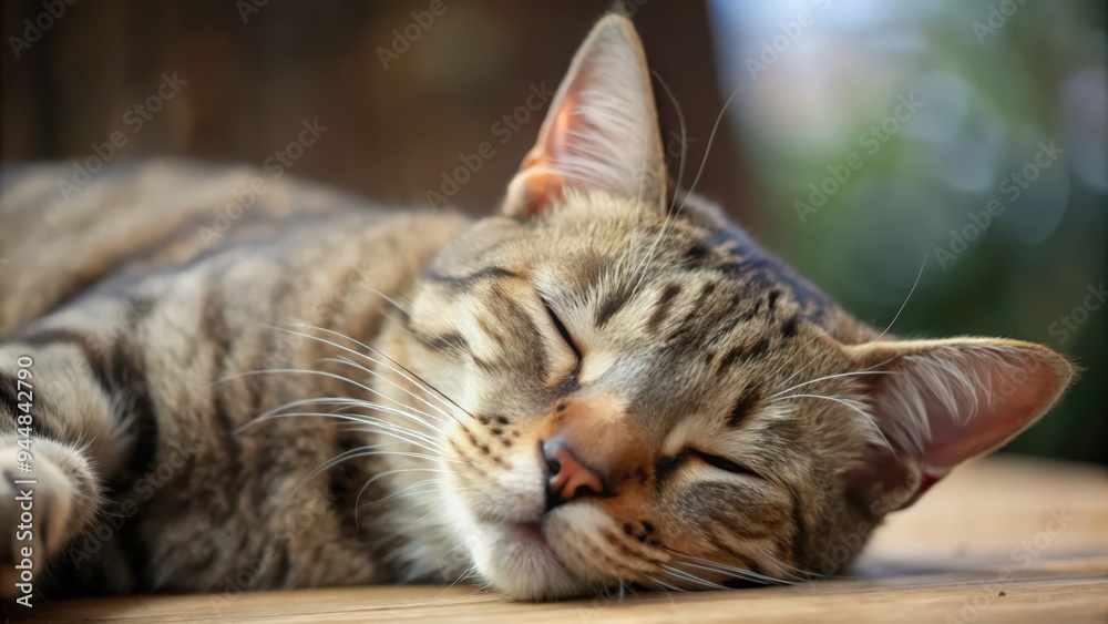Obraz premium Tabby Cat Sleeping on Wooden Surface