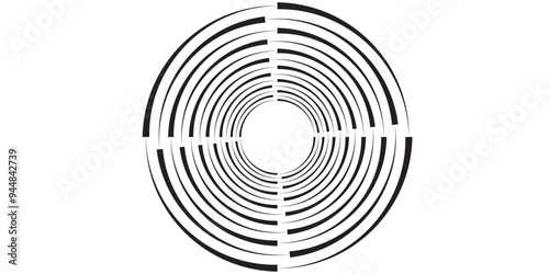 Black concentric circle set. Sonar or sound wave ring collection. Dotted and linear epicentre, target, radar icon concept. Ripple radial signal or vibration elements. VECTOR ILUSTRATION