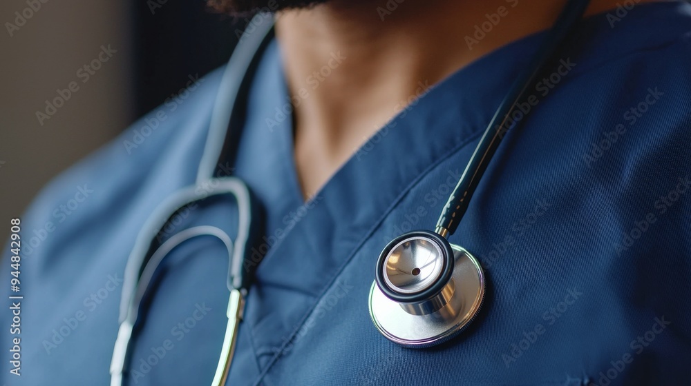Detailed shot of a stethoscope hanging on a healthcare worker neck Detailed shot of a stethoscope hanging on a healthcare worker neck