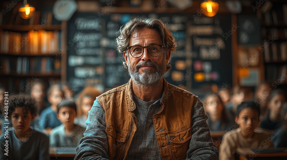 Obraz premium Confident Male Teacher Looking at Students in Classroom