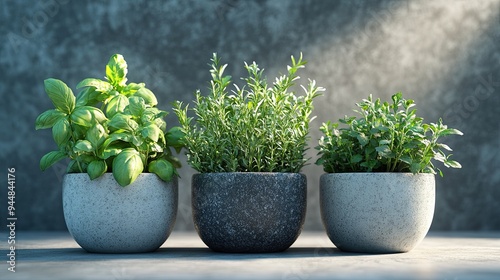 Organic herb garden, pots with fresh basil, mint, and rosemary, 3D illustration