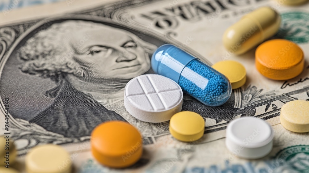 A dollar bill with various pills, highlighting the cost of healthcare education in the United States A dollar bill with various pills, highlighting the cost of healthcare education in the United States