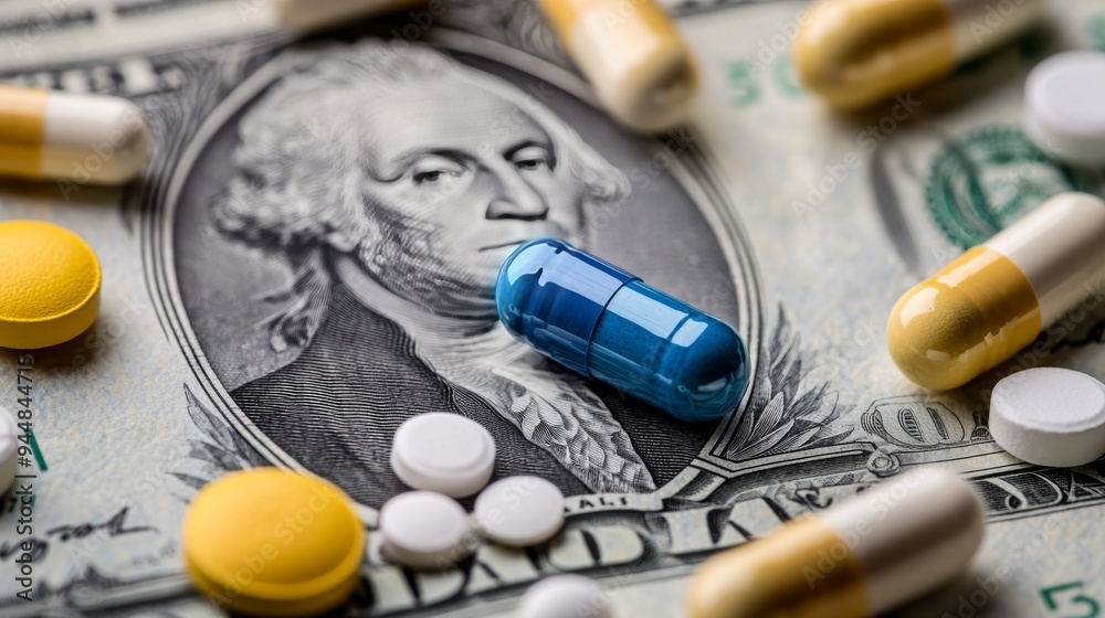 A dollar bill with various pills and tablets, symbolizing the high cost of healthcare education in America A dollar bill with various pills and tablets, symbolizing the high cost of healthcare education in America