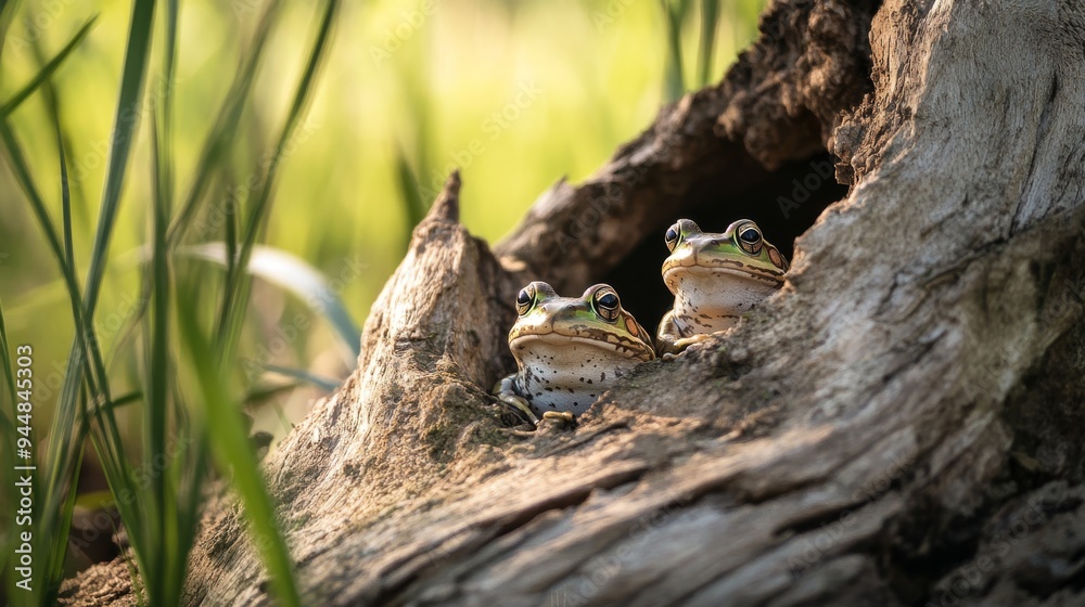 Several frogs peek out from holes in an old tree trunk, surrounded by green grass and reeds in a sunny, daylit scene Several frogs peek out from holes in an old tree trunk, surrounded by green grass and reeds in a sunny, daylit scene