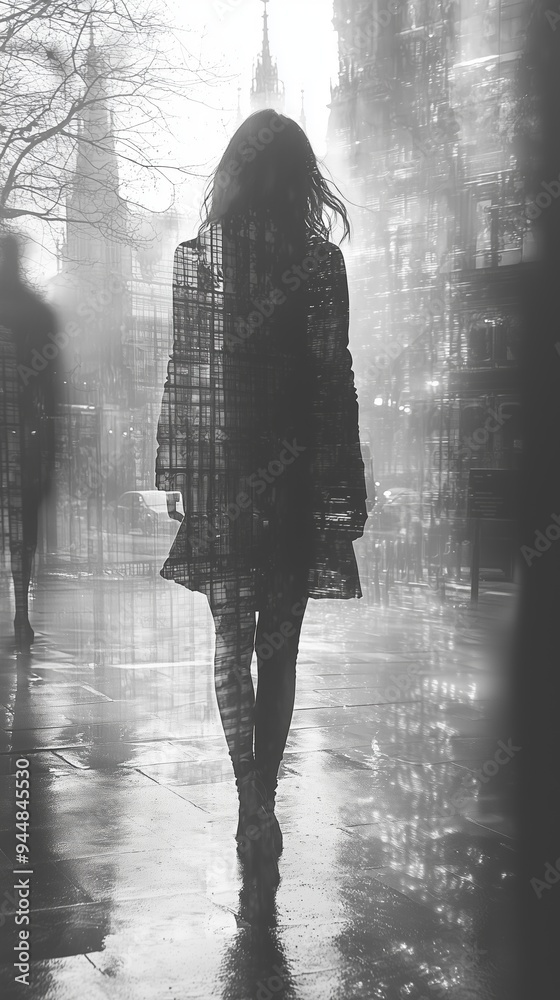A silhouette of a woman walking away in a cityscape, with a double exposure effect showing buildings and reflections. The scene is moody and atmospheric, with a monochrome palette. A silhouette of a woman walking away in a cityscape, with a double exposure effect showing buildings and reflections. The scene is moody and atmospheric, with a monochrome palette.