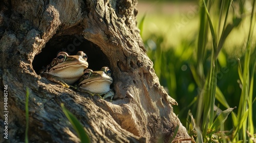 Frogs can be seen peeking out from various holes in an old tree trunk, with green grass and reeds in the sunny background photo