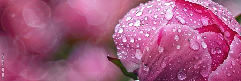 Pink peony bud adorned with raindrops in a garden during spring.
