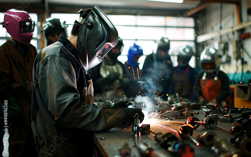 Experienced Welding Tutor Demonstrating Techniques to Apprentice Welders in Workshop Setting