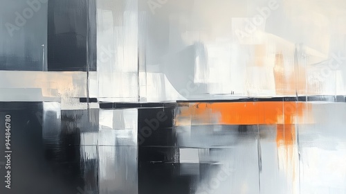 An abstract painting featuring a blend of gray, black, and white tones, with a striking orange accent. The composition includes geometric shapes and a smooth texture.