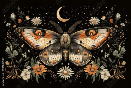 A mystical depiction of night butterflies against a background of moon and stars in the Art Deco style. AI generative. photo