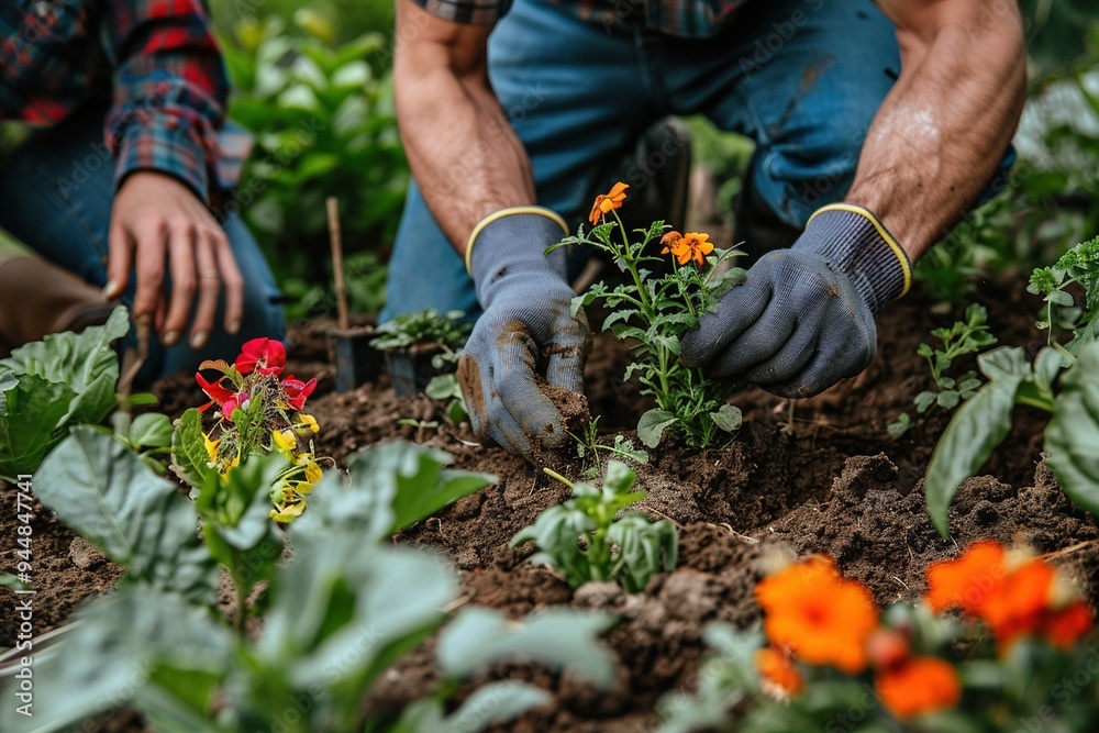 Two people are planting flowers in a garden Two people are planting flowers in a garden