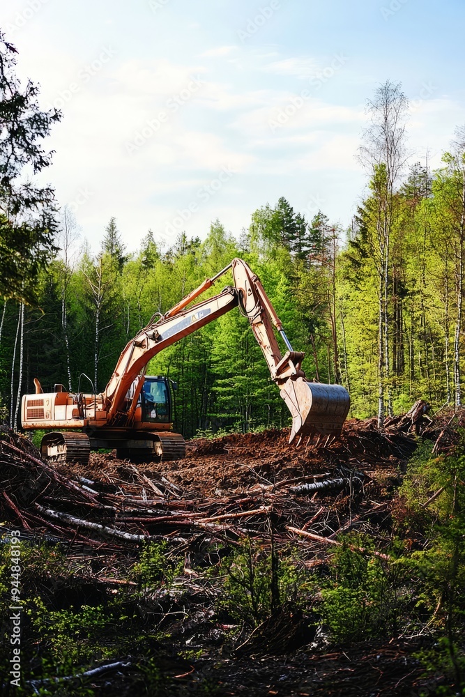 Excavator working at the edge of a forest, clearing trees. The machine is surrounded by nature Excavator working at the edge of a forest, clearing trees. The machine is surrounded by nature
