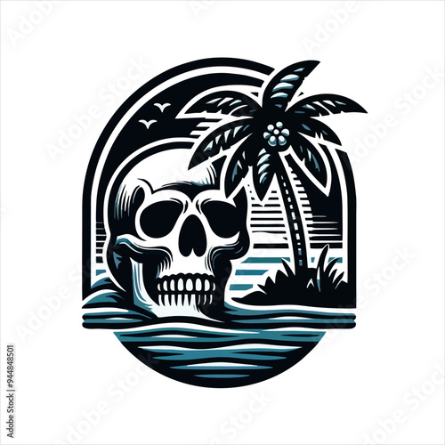 vector skull head sticker with beach nuances and coconut trees