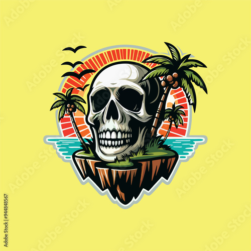 vector skull head sticker with beach nuances and coconut trees