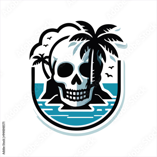 vector skull head sticker with beach nuances and coconut trees