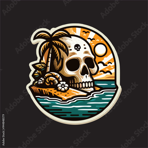 vector skull head sticker with beach nuances and coconut trees