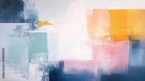 An abstract painting featuring a blend of soft colors including blue, white, yellow, and pink. The composition showcases bold brush strokes and geometric shapes, creating a modern artistic feel.