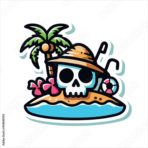 vector skull head sticker with beach nuances and coconut trees