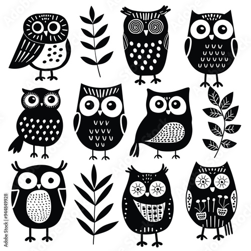 Black and white owl illustrations with various patterns and leaf designs.