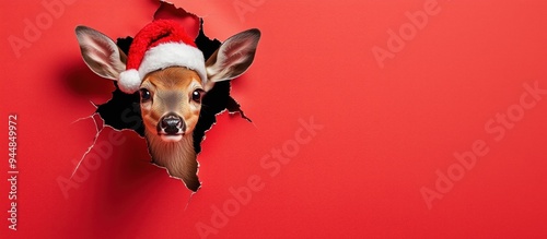 A reindeer in a festive Santa outfit, complete with a red hat and bells, against a solid red background with copy space