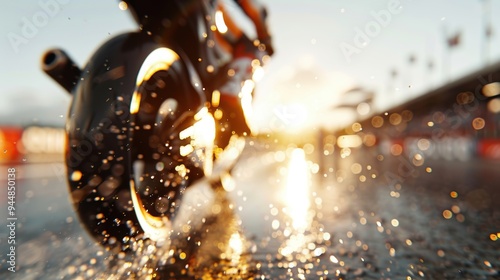 Close-Up of Motorcycle Racing on Wet Track with Dramatic Lighting and Water Spray