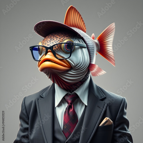portrait of a fish or fish wearing glasses and a suit