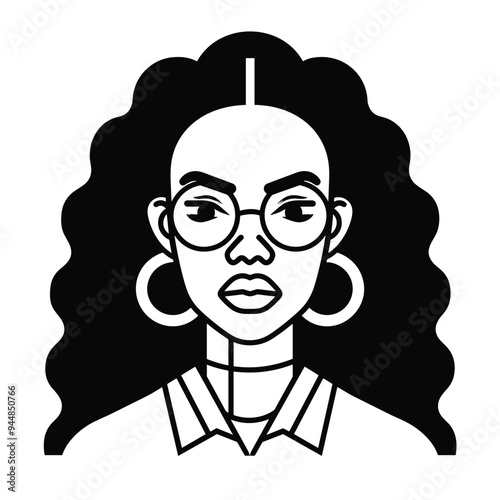 Black woman with curly hair and glasses, wearing hoop earrings, depicted in a bold black-and-white vector illustration.