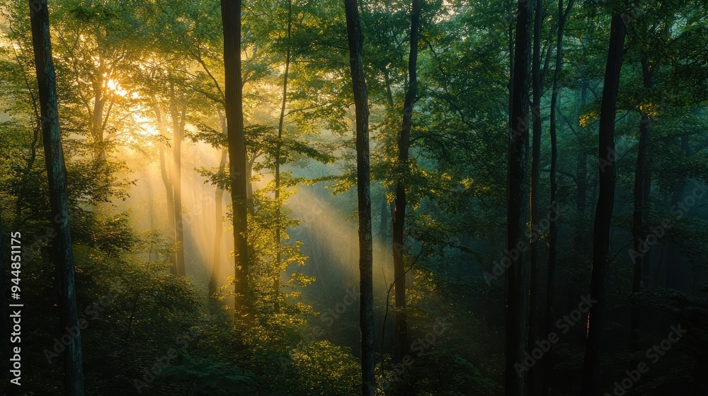 Obraz premium Golden Rays of Dawn Light Filtering Through a Dense Forest