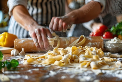 A woman is making pasta on a wooden table