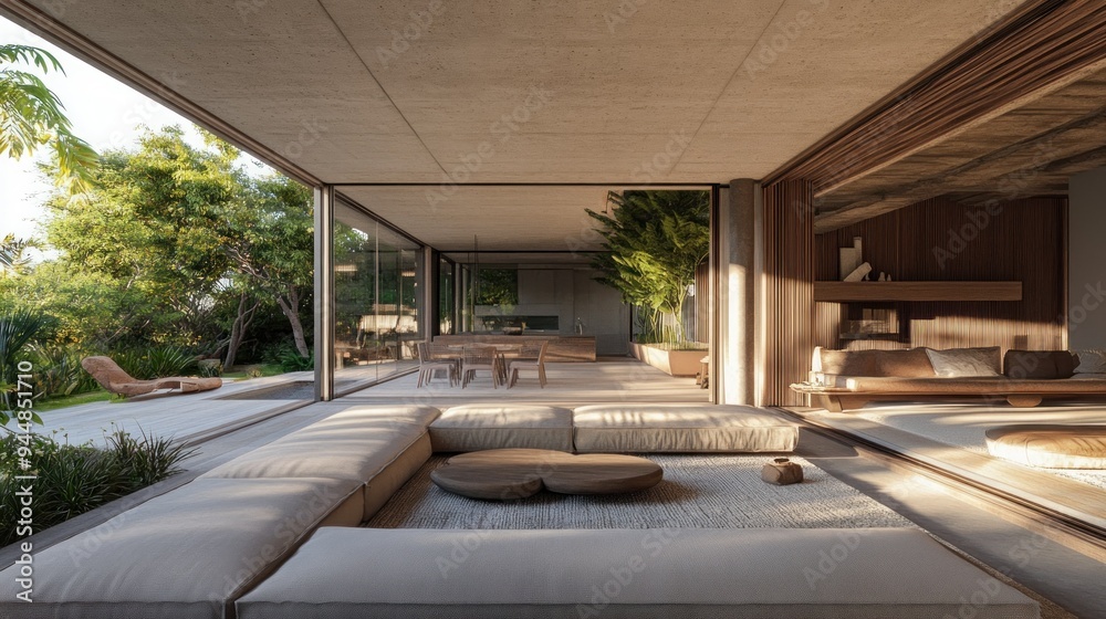 Modern Open-Plan Living Room with Outdoor Access and a Tranquil Patio Modern Open-Plan Living Room with Outdoor Access and a Tranquil Patio