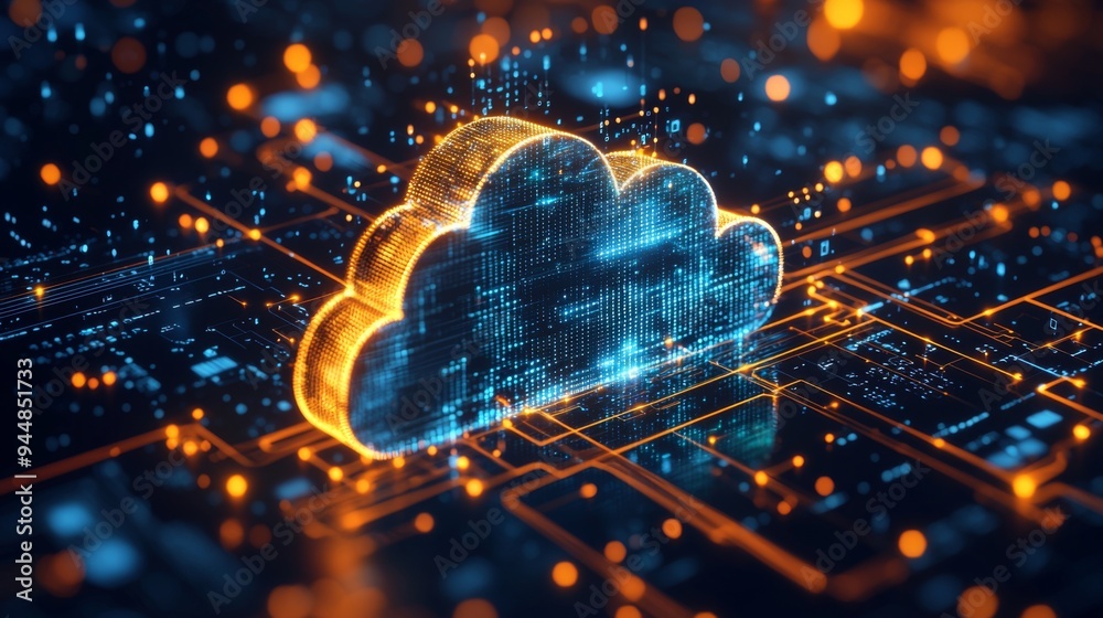 Cloud data deployment, encrypted data nodes ascending into a secure virtual cloud, representing efficiency and scalability Cloud data deployment, encrypted data nodes ascending into a secure virtual cloud, representing efficiency and scalability