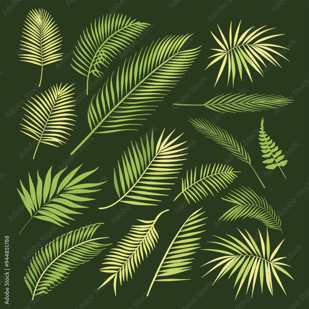 Assorted green tropical palm leaves on a dark green background. Assorted green tropical palm leaves on a dark green background.