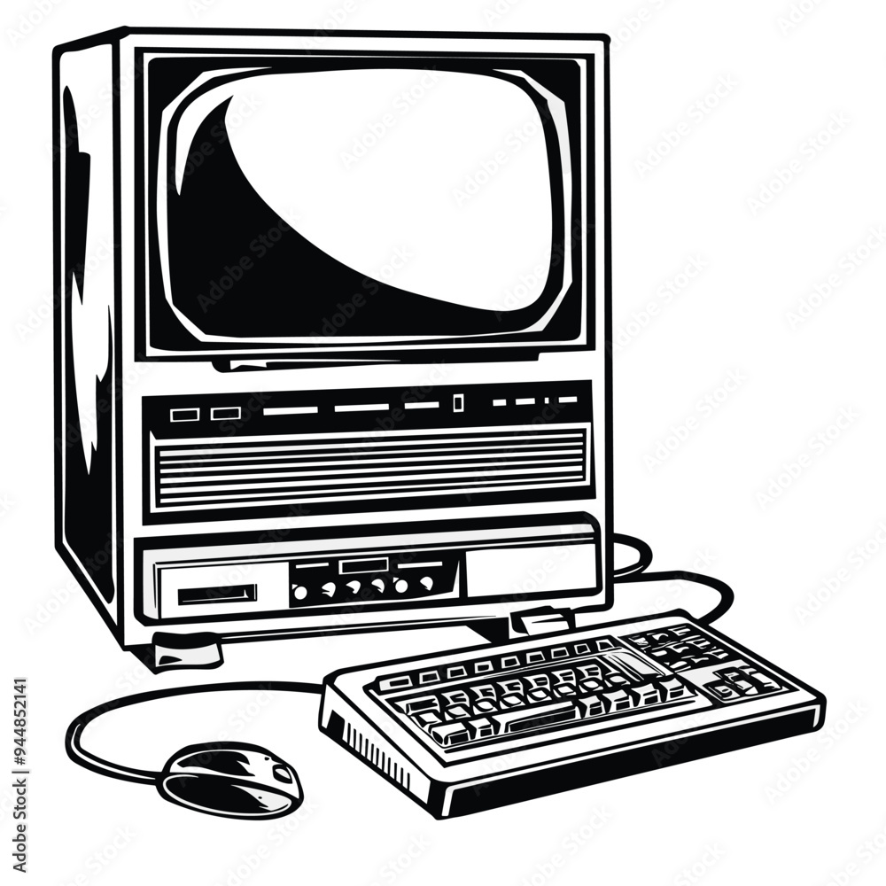 Black and white vintage computer illustration featuring a CRT monitor ...