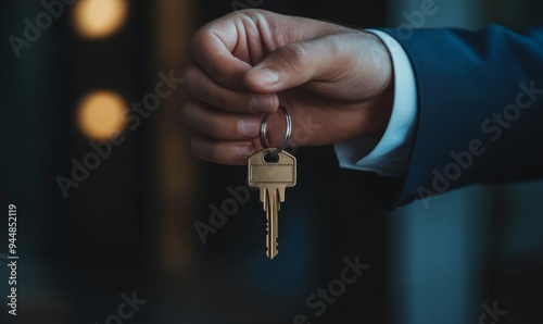 Symbolic Key Handover: Real Estate Agent's Hand Presenting House Keys on Elegant Abstract Background. Property Transfer Concept for New Homeowners, Tenants, or Lease Agreements. Minimalist Design for 