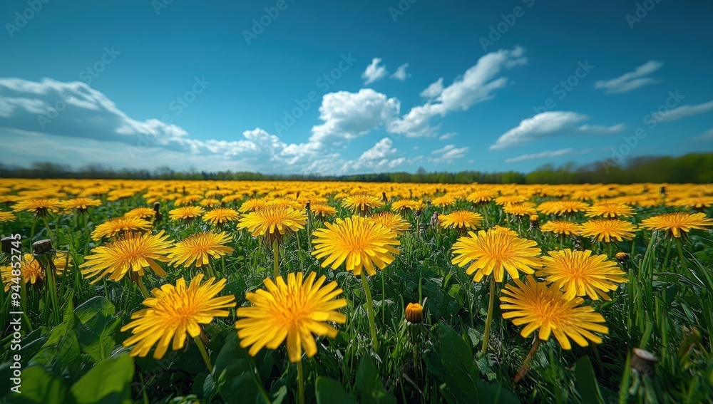 A close-up shot of a field of dandelions in full bloom. A close-up shot of a field of dandelions in full bloom.