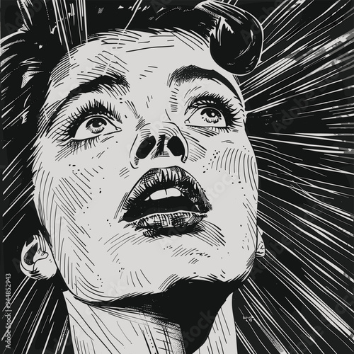 Black and white illustration of a surprised woman looking upwards with rays emanating from her head.