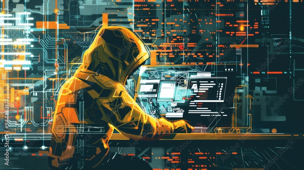 Cybersecurity illustration - Hacker vs firewall, complex code, highlighting digital security battles Cybersecurity illustration - Hacker vs firewall, complex code, highlighting digital security battles