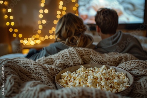 A couple is watching a movie on a television while eating popcorn. Scene is cozy and romantic