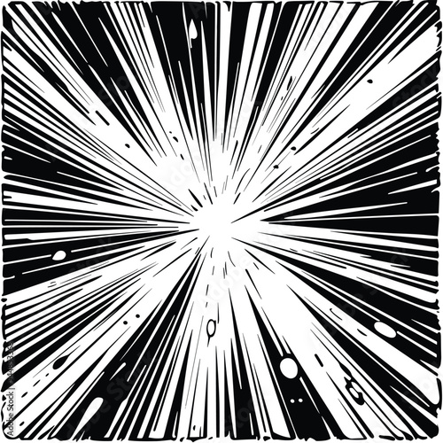 Monochrome comic-style explosion with dynamic black and white radial lines emanating from the center.
