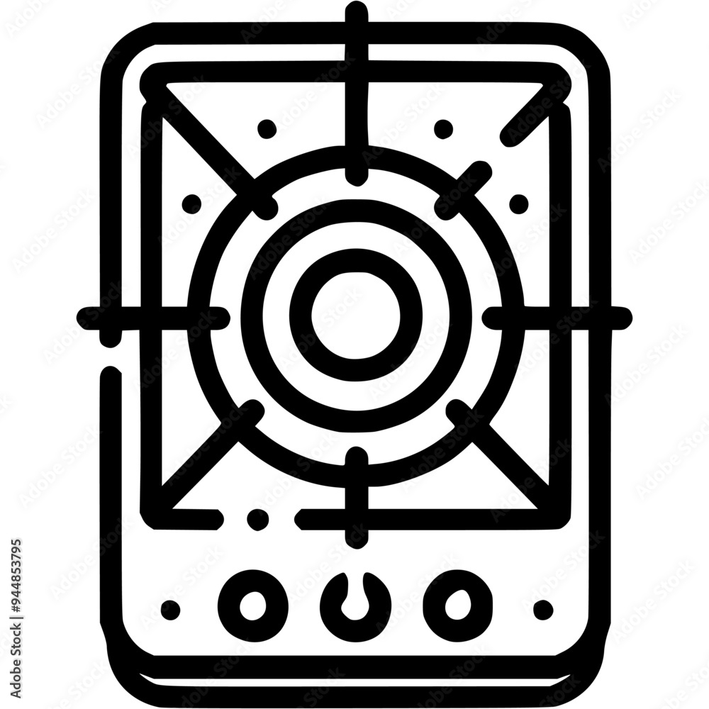 Tourist camping gas stove top view doodle icon. Simple minimalistic vector symbol in black on transparent background Tourist camping gas stove top view doodle icon. Simple minimalistic vector symbol in black on transparent background