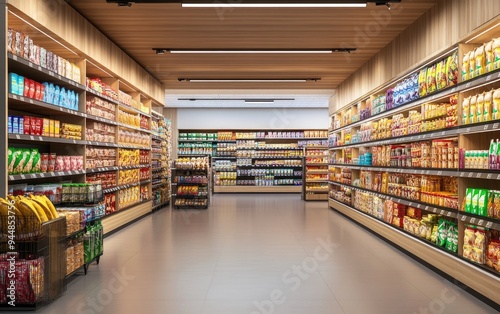 Clean and Stylish Supermarket Aisle with Neatly Arranged Shelves