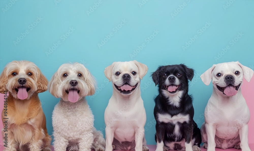 Diverse Group of Playful and Adorable Dogs on Pastel Colored Background Diverse Group of Playful and Adorable Dogs on Pastel Colored Background