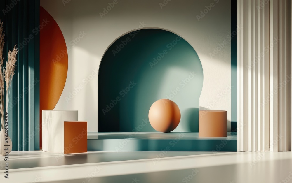 Modern Geometric Backdrop with Stylish Spheres and Cylinders Modern Geometric Backdrop with Stylish Spheres and Cylinders