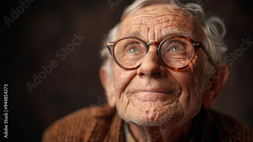 Closeup of a smiling elderly man wearing glasses looking up 