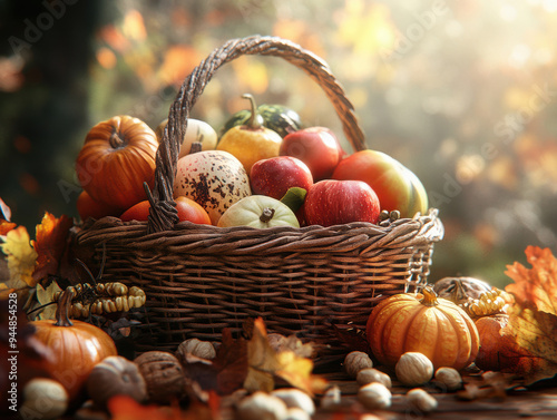 A basket full of fruit and vegetables for Thanksgiving. AI generative.