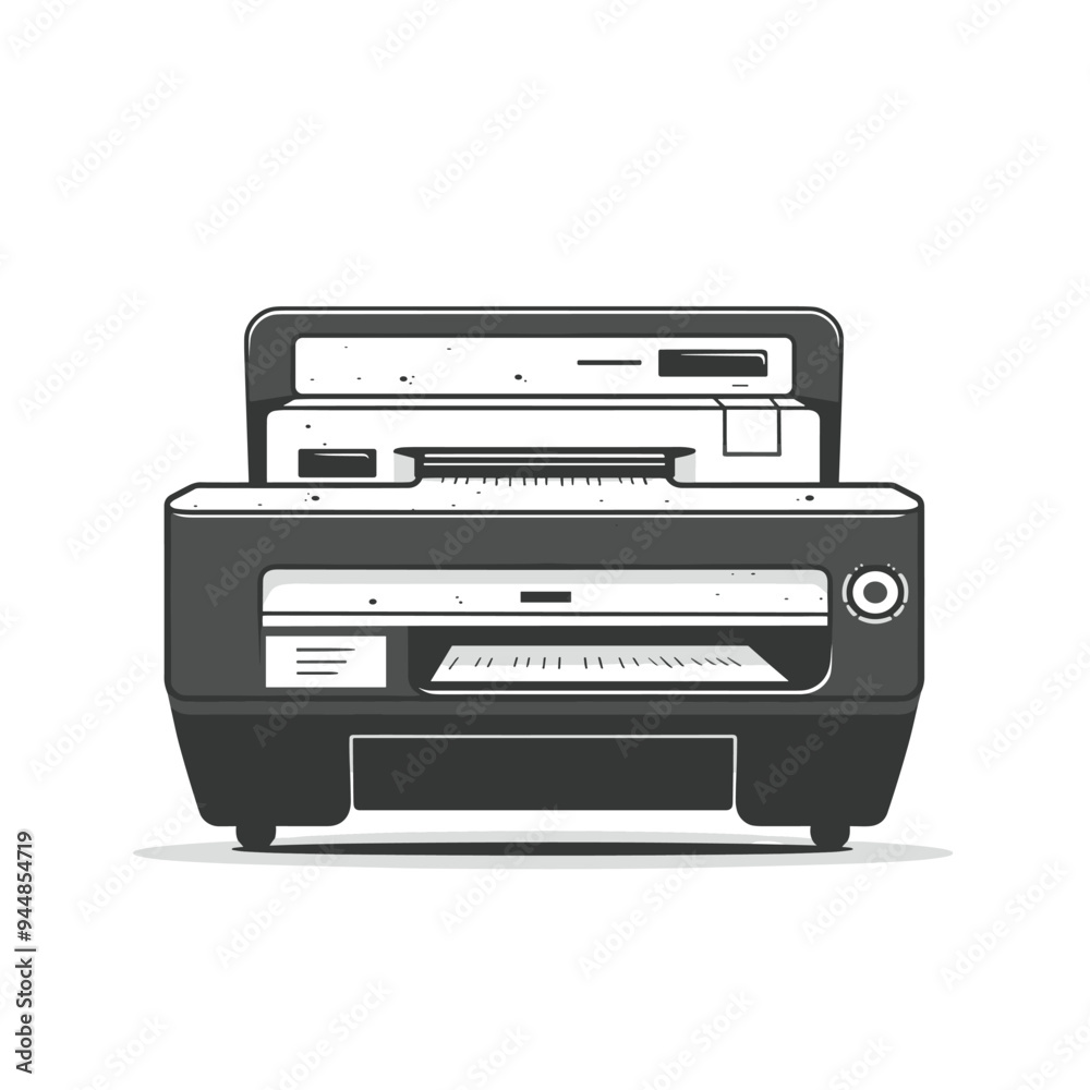 Monochrome illustration of a retro printer with a simplistic design against a white background. Monochrome illustration of a retro printer with a simplistic design against a white background.