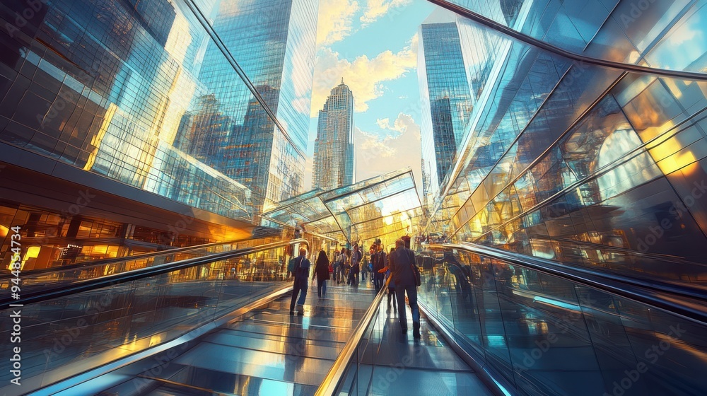 People Walking on a Glass Escalator in a Modern City People Walking on a Glass Escalator in a Modern City